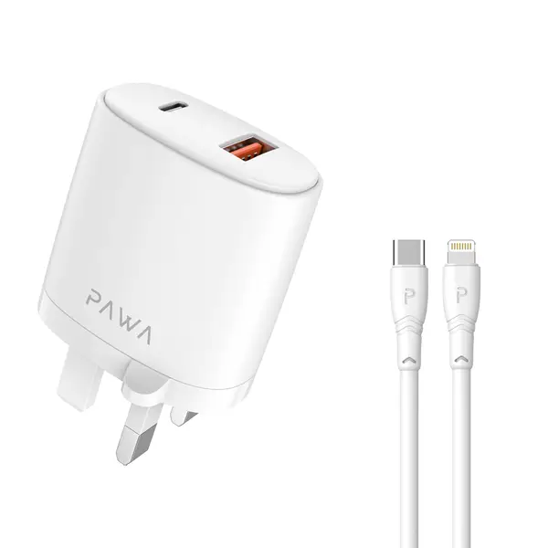 PAWA SOLID TRAVEL CHARGER DUAL PORT PD+QC UK STANDARD INCLUDES TYPE C TO LIGHTNING CABLE WHITE PW-PDQC3CL-WH