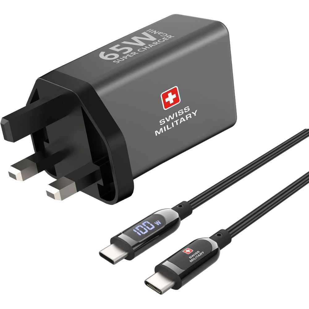 SWISS MILITARY USB-A TO 2 USB-C 65W CHARGER + SWISS MILITARY 100W USB-C TO USB-C 2M CABLE