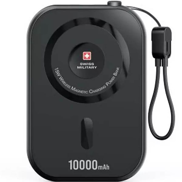 SWISS MILITARY 10000MAH 3 IN 1 WIRELESS MAGNETIC CHARGING PORTABLE POWERBANK BLACK
