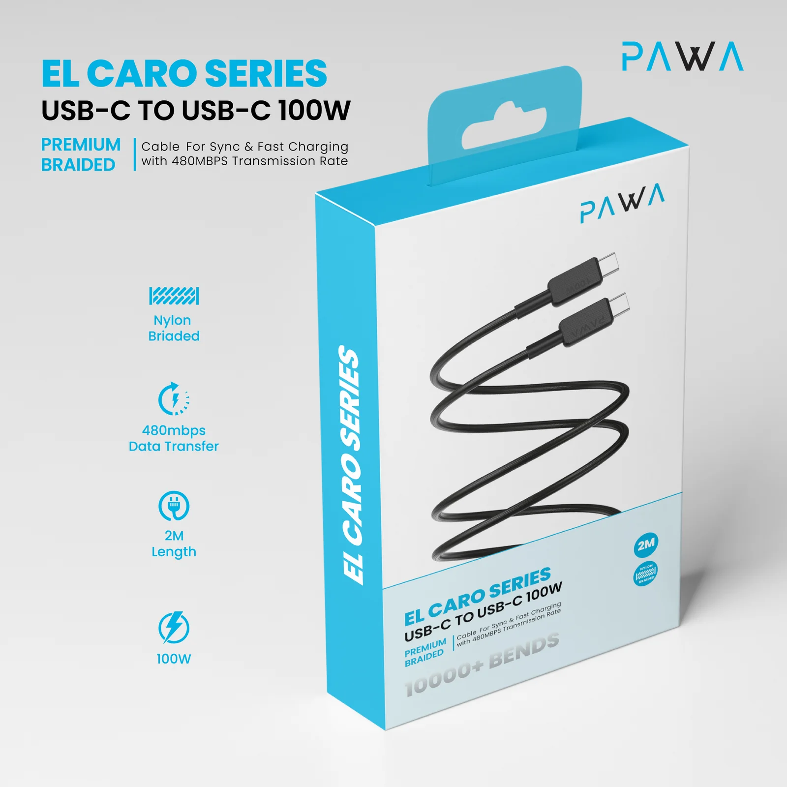 PAWA EL CARO SERIES USB C TO USB C 100W PREMIUM BRAIDED CABLE 2M BLACK PW-20B100CC-BK thumbnail 4