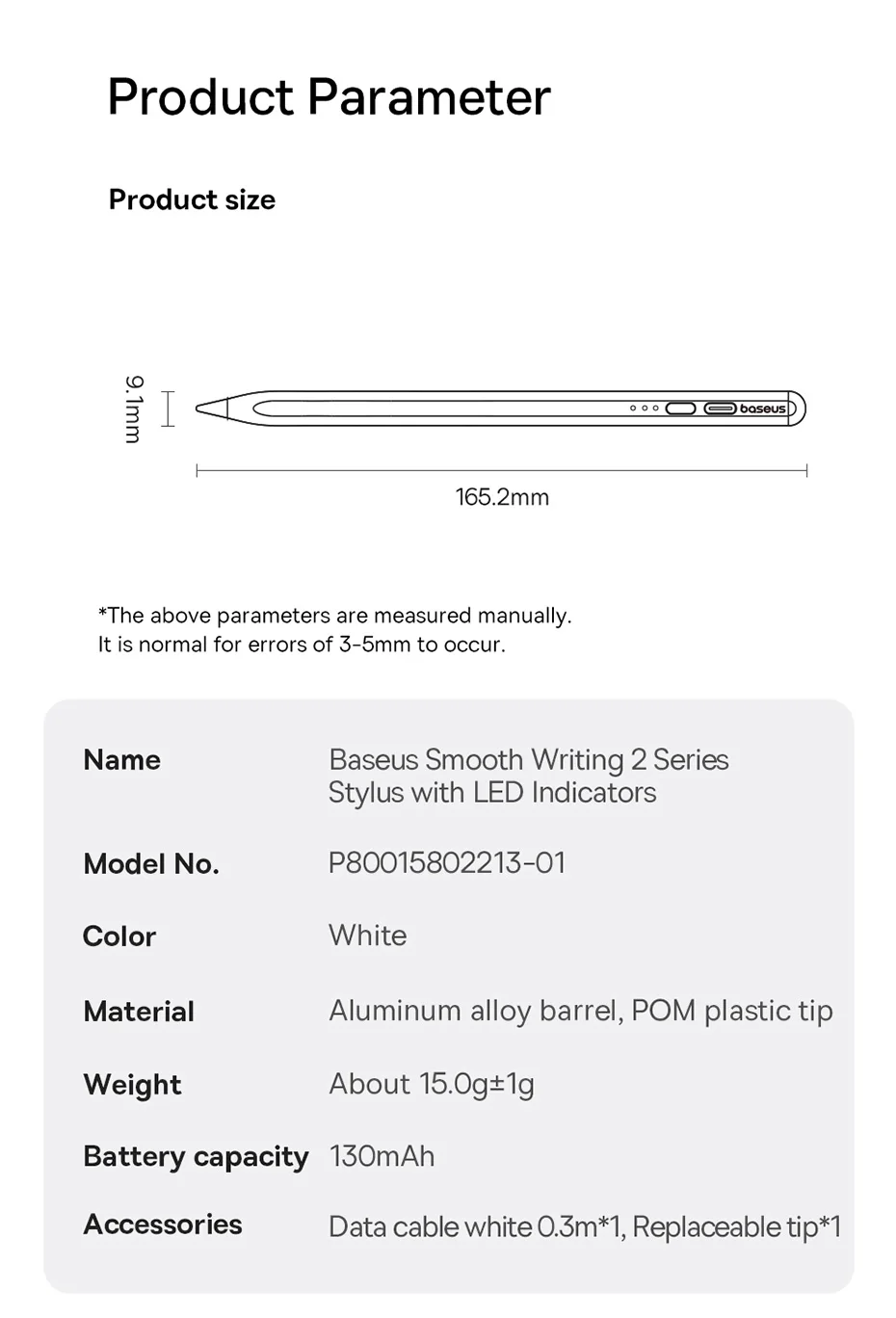 BASEUS SMOOTH WRITING 2 SERIES STYLUS LITE WITH LED INDICATORS ACTIVE WIRELESS VERSION MOON WHITE BS-PS043 thumbnail 3