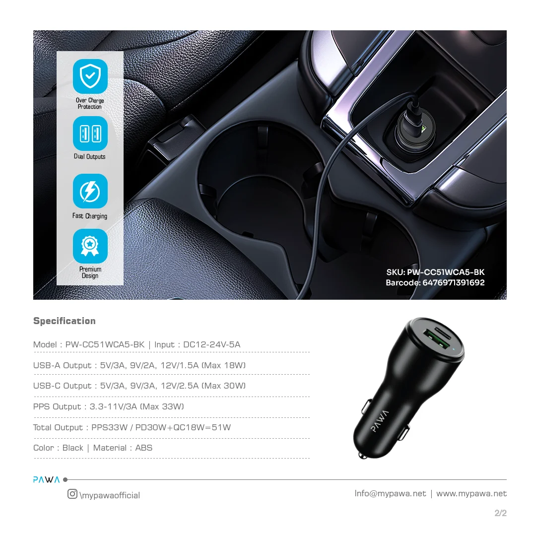 PAWA SOLID CAR CHARGER DUAL PORT PD+QC 51W BLACK PW-CC51WCA5-BK thumbnail 2