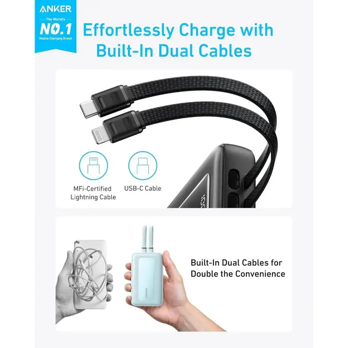 ANKER ZOLO 10000MAH POWER BANK 30W BUILT-IN TYPE-C AND LIGHTNING CABLE WHITE A1680H11 thumbnail 2