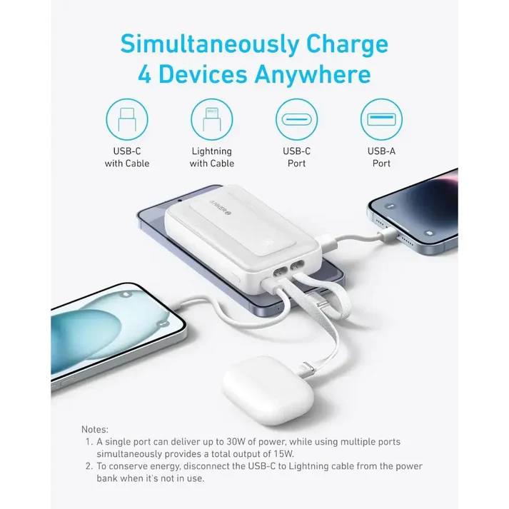 ANKER ZOLO 10000MAH POWER BANK 30W BUILT-IN TYPE-C AND LIGHTNING CABLE WHITE A1680H11 thumbnail 4