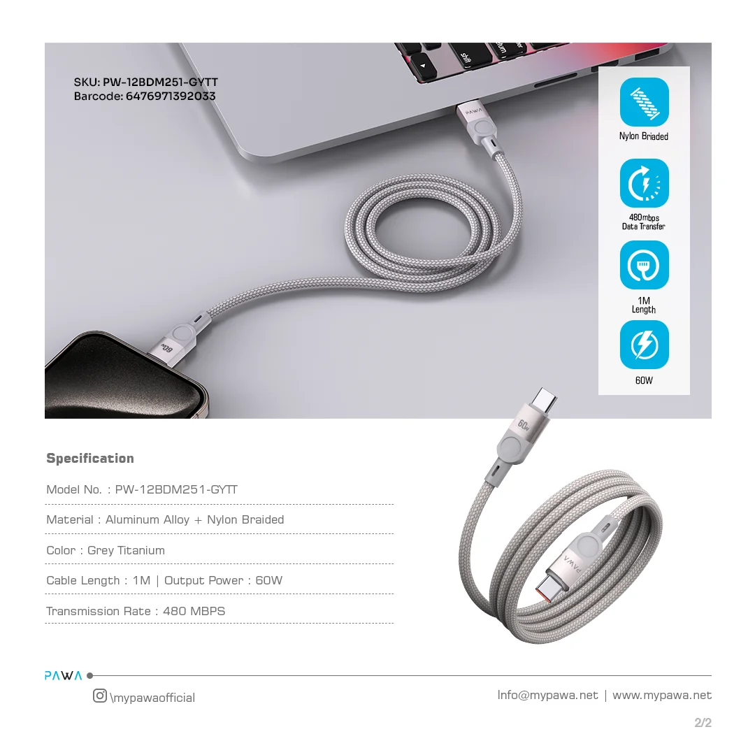 PAWA LEVIN MAGNETIC BRAIDED USB C TO USB C 60W CABLE 1M GREY TITANIUM PW-12BDM251-GYTT thumbnail 4