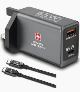 SWISS MILITARY 65W GAN II SUPER CHARGER USB C TO USB C 1.2M CABLE GRAY SM-GANII-65W 1C1A-GRY-CB-CC60W