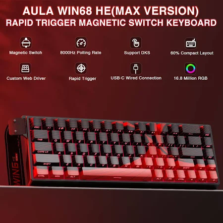 AULA 68 KEYS RGB 65% WIRED MECHANICAL GAMING KEYBOARD WING CHUN MAGNETIC SWITCH BLACK WIN68 thumbnail 8