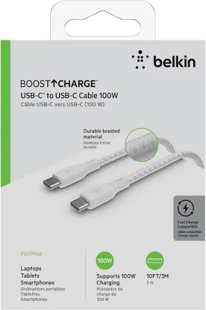 BELKIN BOOST CHARGE USB C TO USB C 100W CABLE 3M WHITE CAB014BT3MWH thumbnail 4