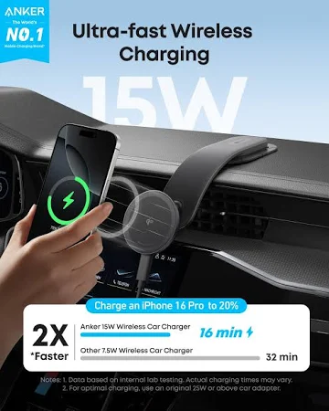 ANKER NANO WIRELESS CAR CHARGER MAGNETIC DETACHABLE PAD WITH ADAPTER & USB-C CABLE BLACK B2216H11 thumbnail 3