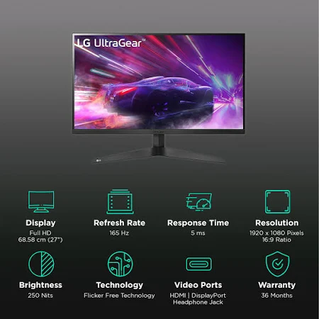 LG 27 INCH ULTRAGEAR  G4 FHD IPS DISPLAY 144HZ 1MS NVIDIA G SYNC GAMING MONITOR 27G411A-B thumbnail 3
