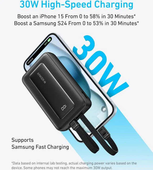 ANKER ZOLO POWER BANK 10K 35W BUILT IN DUAL USB C CABLES BLACK A1680H12 thumbnail 6