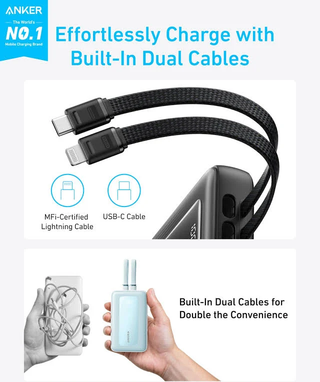 ANKER ZOLO POWER BANK 10K 35W BUILT IN DUAL USB C CABLES BLACK A1680H12 thumbnail 3