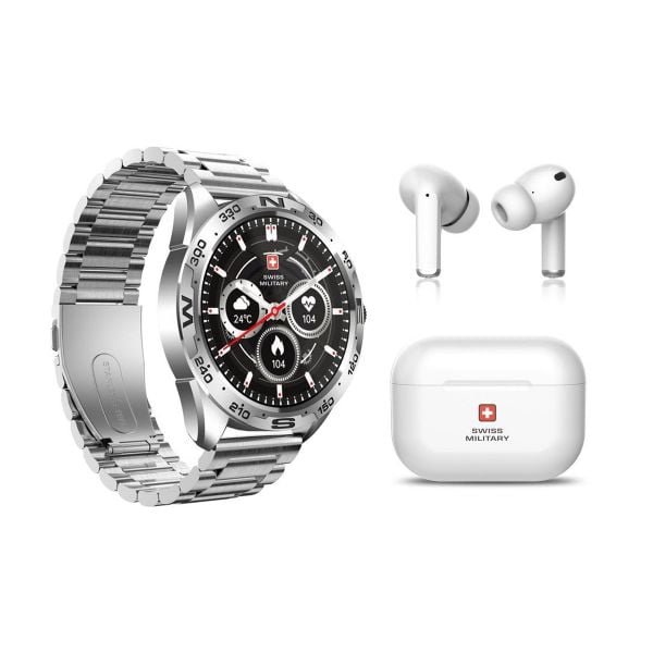 SWISS MILITARY DOM WATCH  SILVER  + DELTA EARBUDS BUNDLE