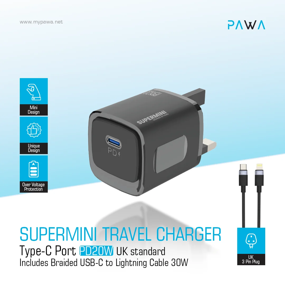 PAWA SUPERMINI TRAVEL CHARGER TYPE C PORT PD20 WITH BRAIDED LIGHTNING CABLE BLACK PW-TCSP20UL-BK thumbnail 3