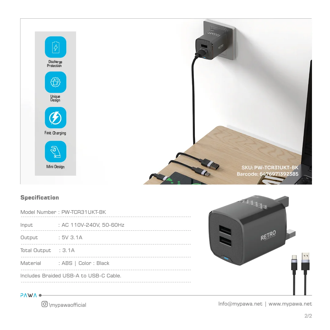 PAWA RETRO 3.1A DUAL USB UK CHARGER WITH USB A  TO USB-C CABLE BLACK PW-TCR31UKT-BK thumbnail 4