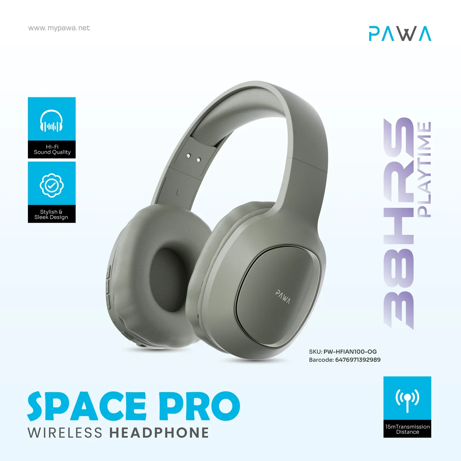 PAWA SPACE PRO WIRELESS HEADPHONE OLIVE GREEN PW-HFIAN100-OG thumbnail 2