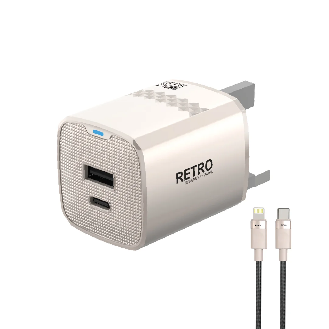 PAWA RETRO 25W WITH PD+QC PORT UK PLUG WITH TYPE C TO LIGHTNING CABLE TITANIUM PW-TR225UKL-TT