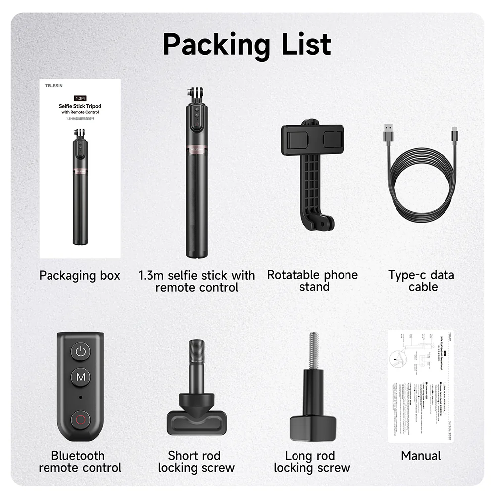 TELESIN 1.3M SELFIE STICK TRIPOD WITH REMOTE CONTROL TE-RCSS-003 thumbnail 7