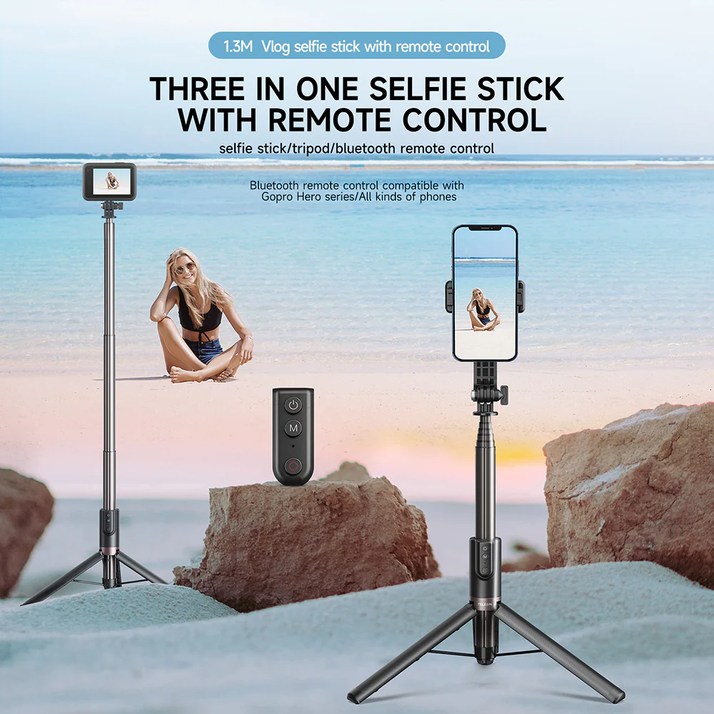 TELESIN 1.3M SELFIE STICK TRIPOD WITH REMOTE CONTROL TE-RCSS-003 thumbnail 8