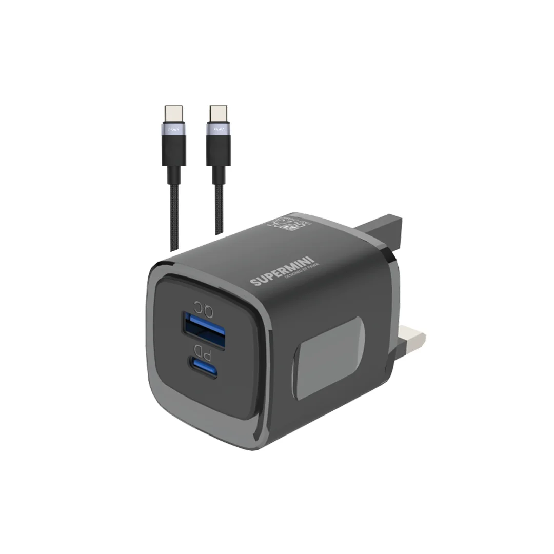 PAWA SUPERMINI TRAVEL CHARGER PD QC PORT 25W WITH BRAIDED TYPE C CABLE BLACK PW-TC25CUUT-BK