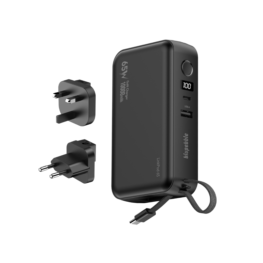 BLUPEBBLE LINKPOD 65W 10000MAH POWER BANK+GAN CHARGER WITH RETRACTABLE CABLE BLACK BP-PBLNKPD65-BK