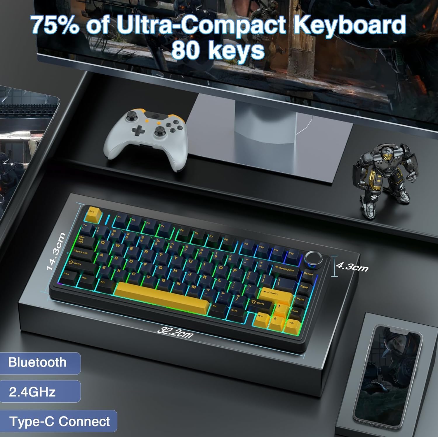 AULA 75 KEYS RGB 75% MECHANICAL GAMING KEYBOARD TRI-MODE KNOB CRESCENT SWITCH BK-DBL-ORG F75 thumbnail 7