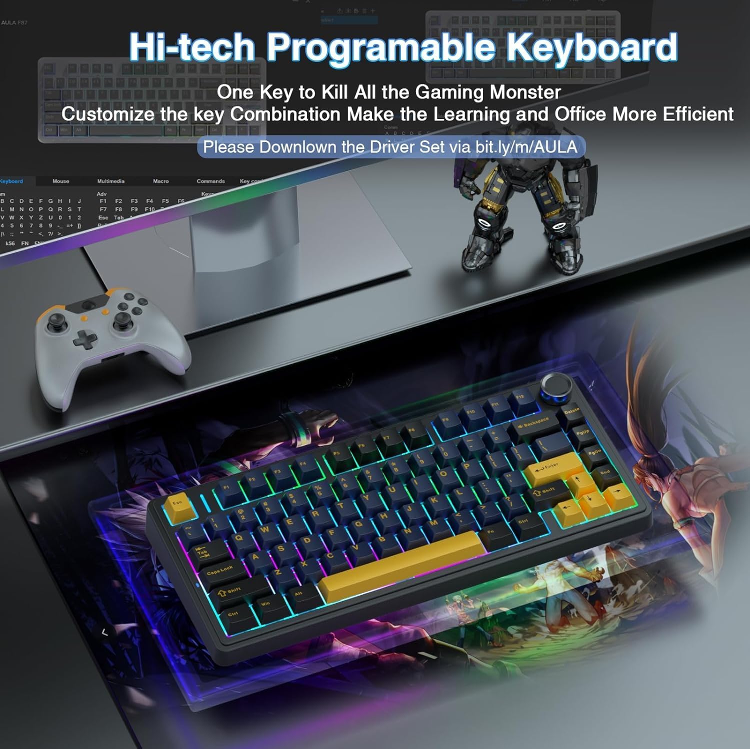 AULA 75 KEYS RGB 75% MECHANICAL GAMING KEYBOARD TRI-MODE KNOB CRESCENT SWITCH BK-DBL-ORG F75 thumbnail 3