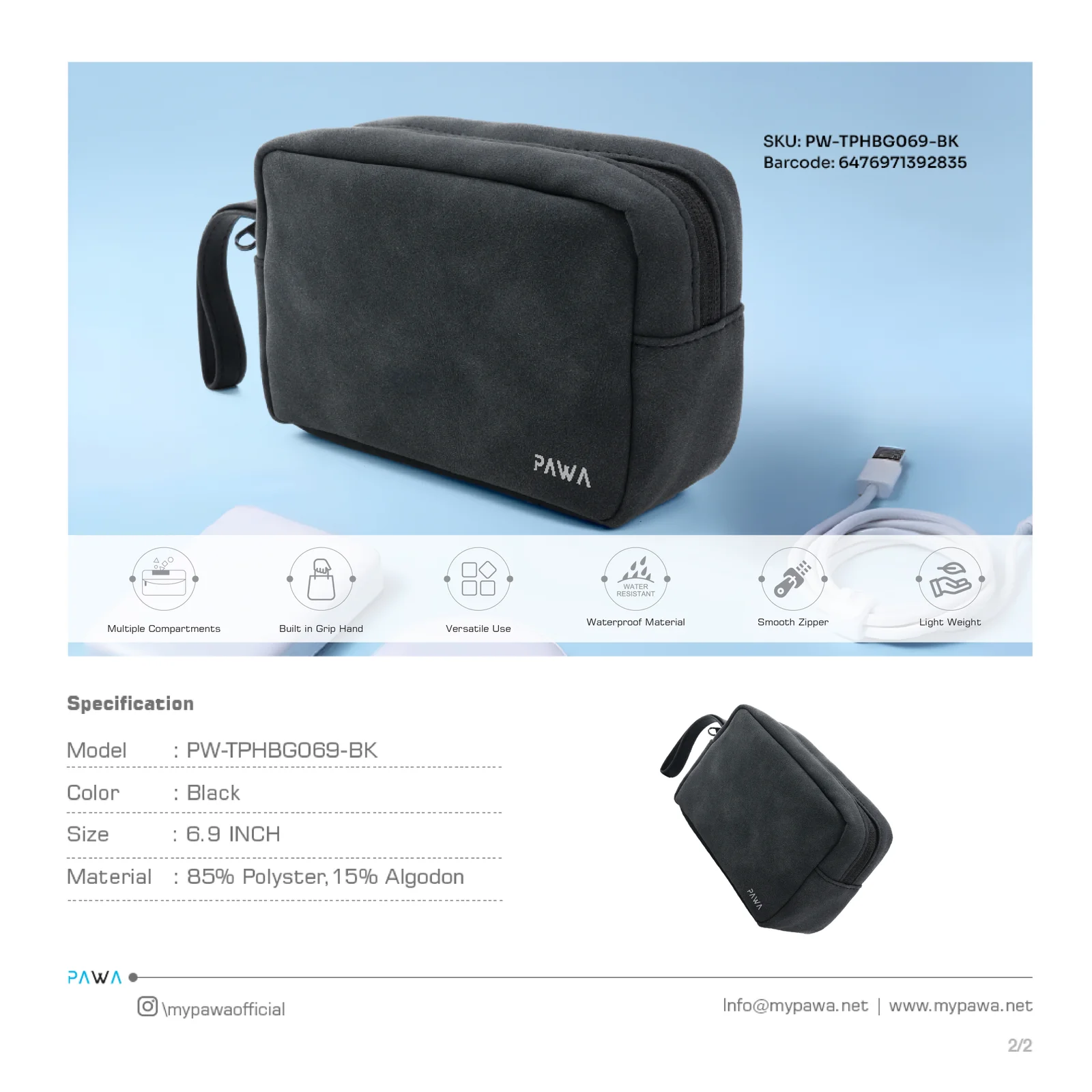 PAWA BELLO TRAVEL POUCH BLACK PW-TPHBG069-BK thumbnail 3