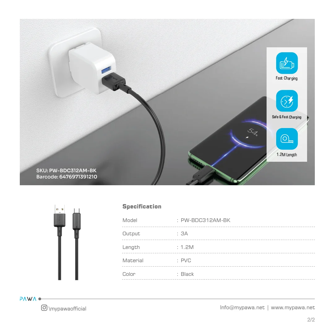 PAWA 3A USB A TO MICRO QUICK CHARGING PVC CABLE BLACK 1.2M PW-BDC312AM-BK thumbnail 4