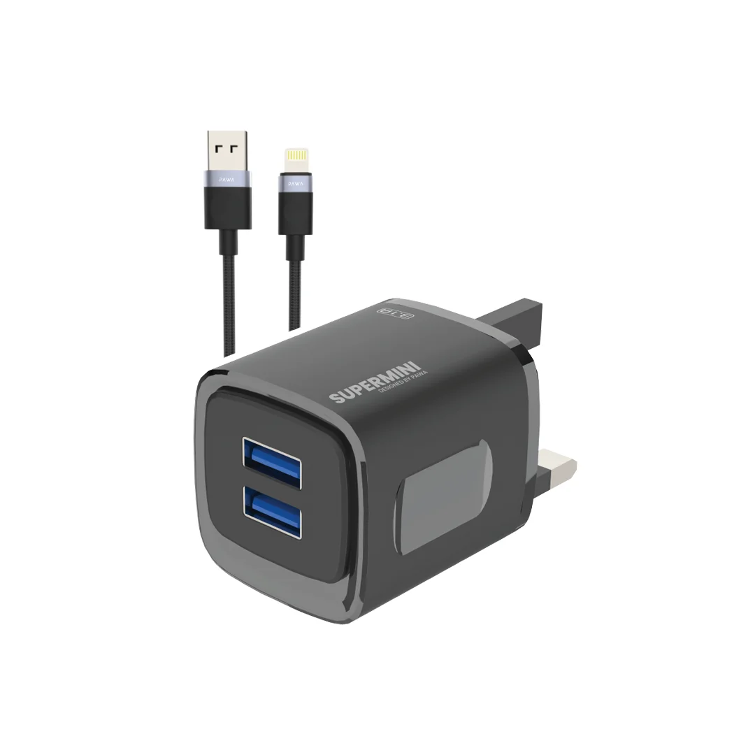 PAWA SUPERMINI TRAVEL CHARGER DUAL USB 3.1A WITH BRAIDED LIGHTNING CABLE BLACK PW-TCSP3UKL-BK