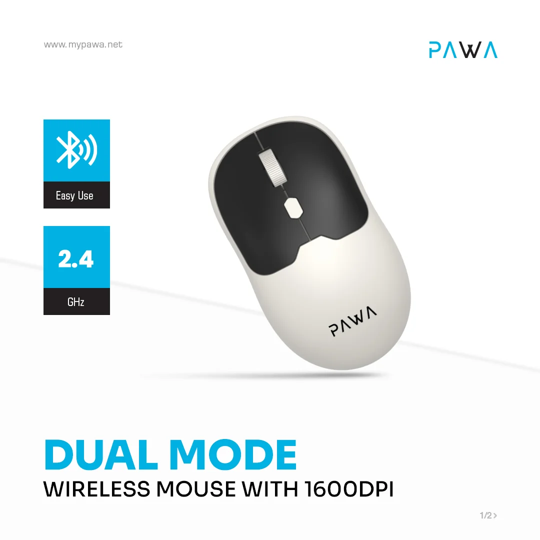 PAWA DUAL MODE WIRELESS MOUSE WITH 1600 DPI WHITE BLACK PW-CABTMK16-GYBK thumbnail 2