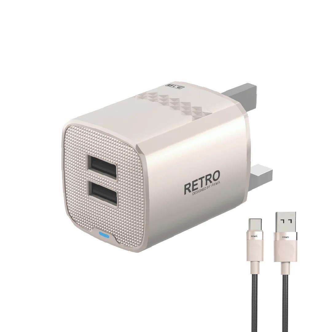 PAWA RETRO 3.1A DUAL USB UK CHARGER WITH USB A  TO USB-C CABLE TITANIUM PW-TCR31UKT-TT