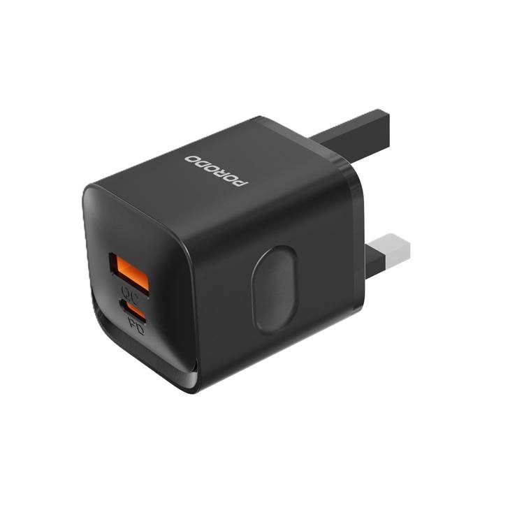PORODO DUAL PORT WITH USB C TO USB C CABLE WALL CHARGER BLACK PD-FWCH022-C-BK