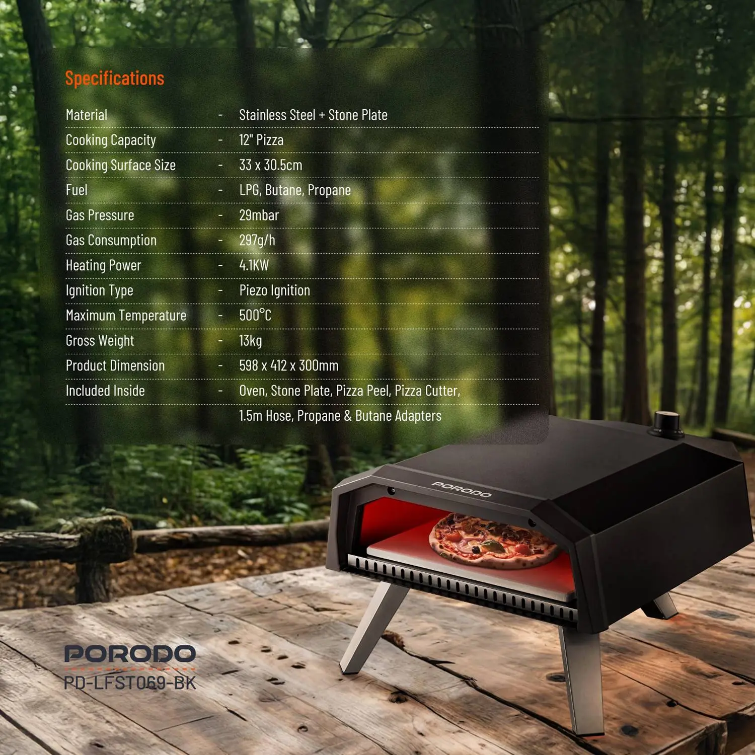 Porodo Lifestyle 12-Inch Outdoor Pizza Oven - Black ,Portable & Efficient thumbnail 4