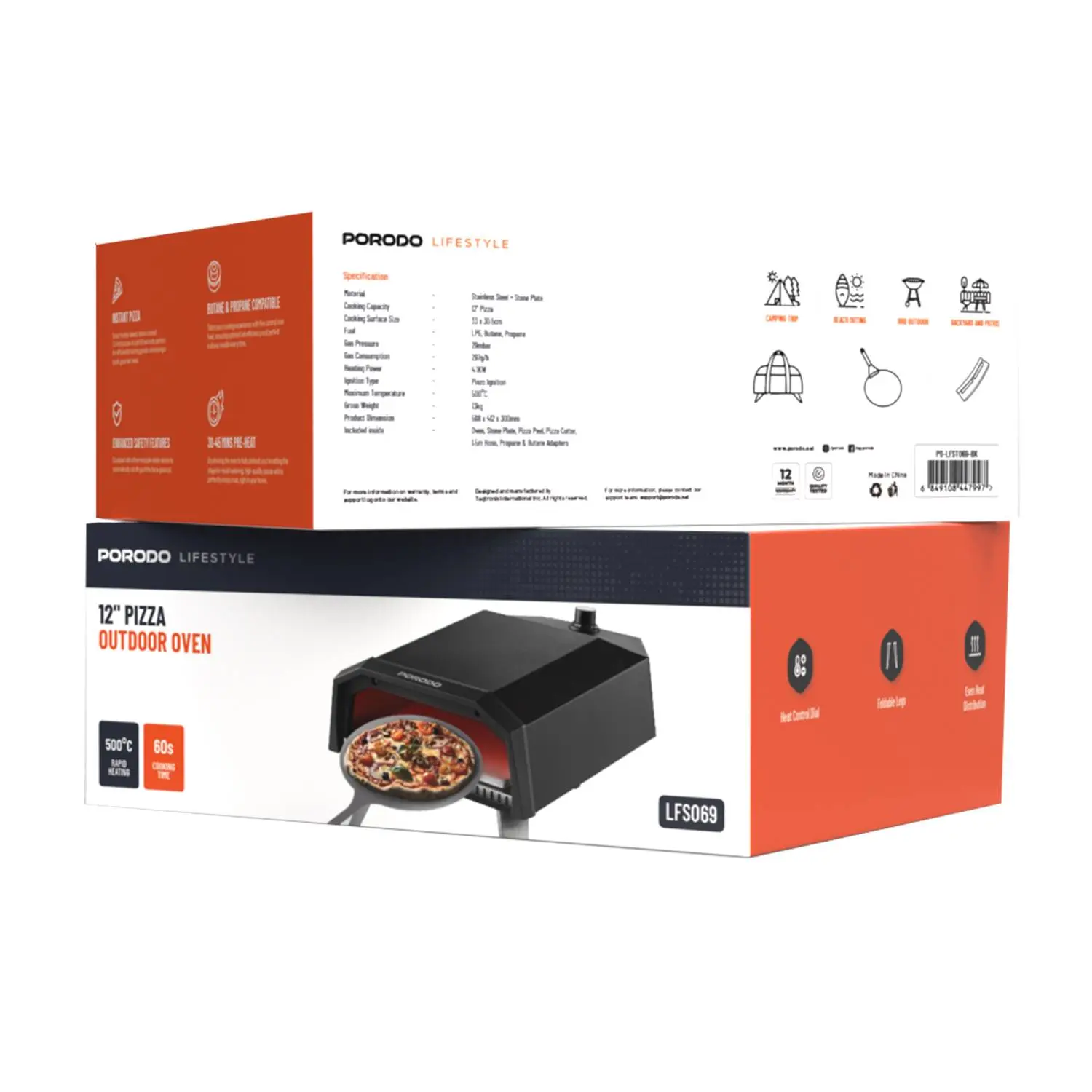 Porodo Lifestyle 12-Inch Outdoor Pizza Oven - Black ,Portable & Efficient thumbnail 2