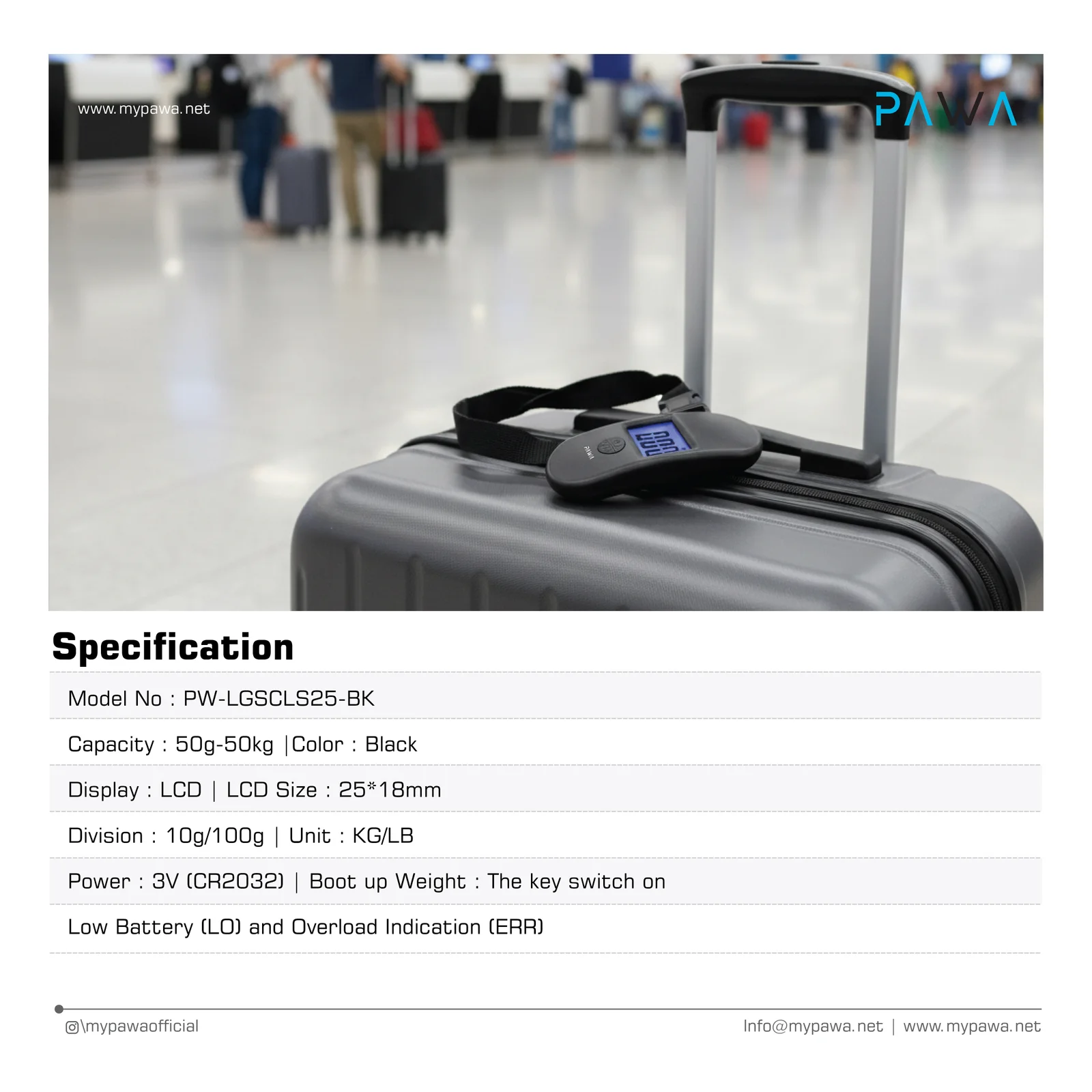 PAWA MINI LUGGAGE SCALE WITH DIGITAL DISPLAY BLACK PW-LGSCLS25-BK thumbnail 4