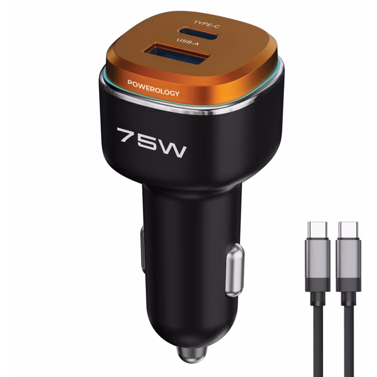 POWEROLOGY 75W DUAL PORT HIGH POWER CAR CHARGER WITH TYPE C CABLE BLACK/ORANGE PCCSR024BKOGC