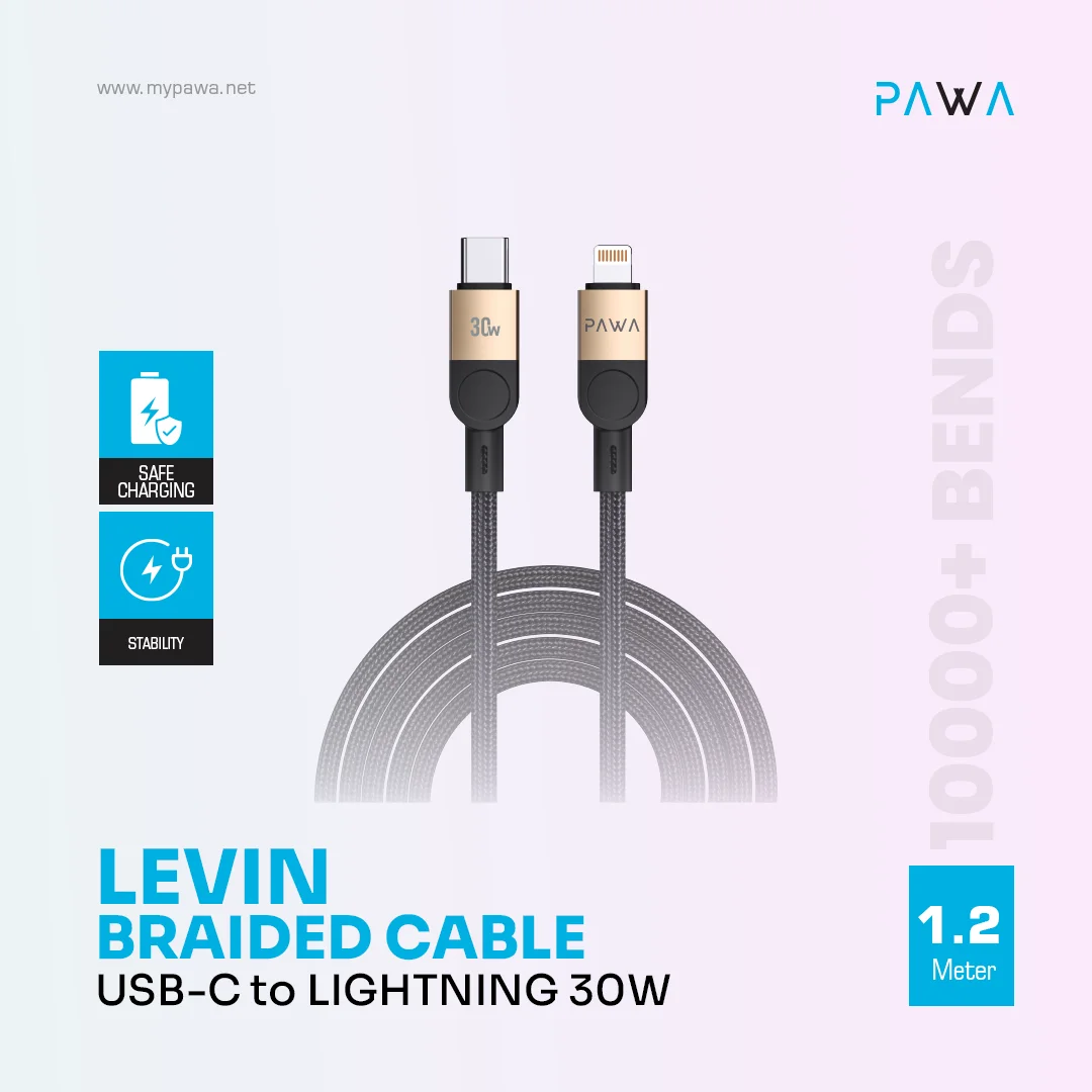 PAWA LEVIN USB C TO LIGHTNING BRAIDED CABLE 1.2M 30W DESERT BLACK PW-12BDC254-DTBK thumbnail 3