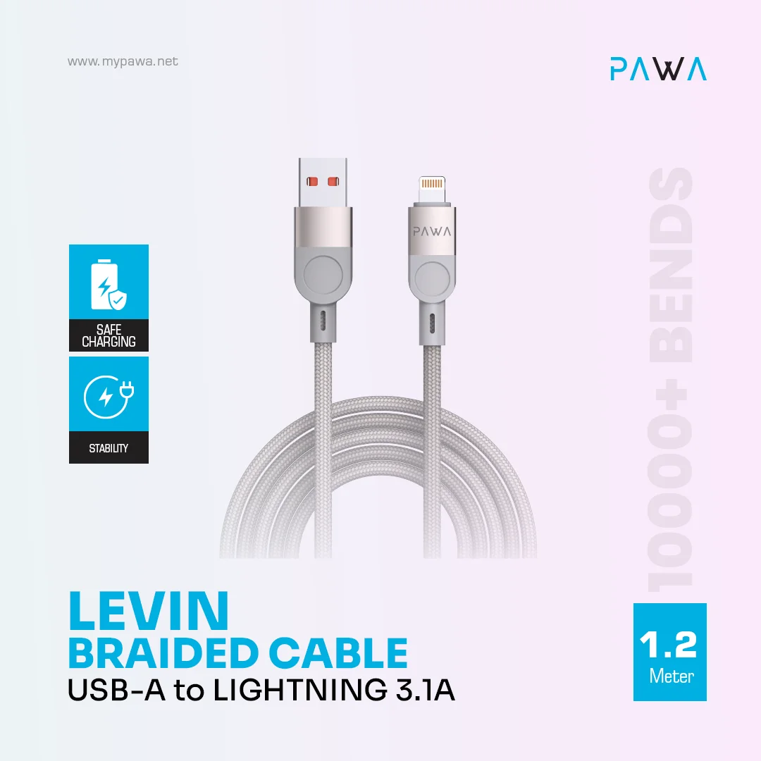 PAWA LEVIN USB A TO LIGHTNING 3.1A BRAIDED CABLE 1.2M GREY TITANIUM PW-12BDC252-GYTT thumbnail 3