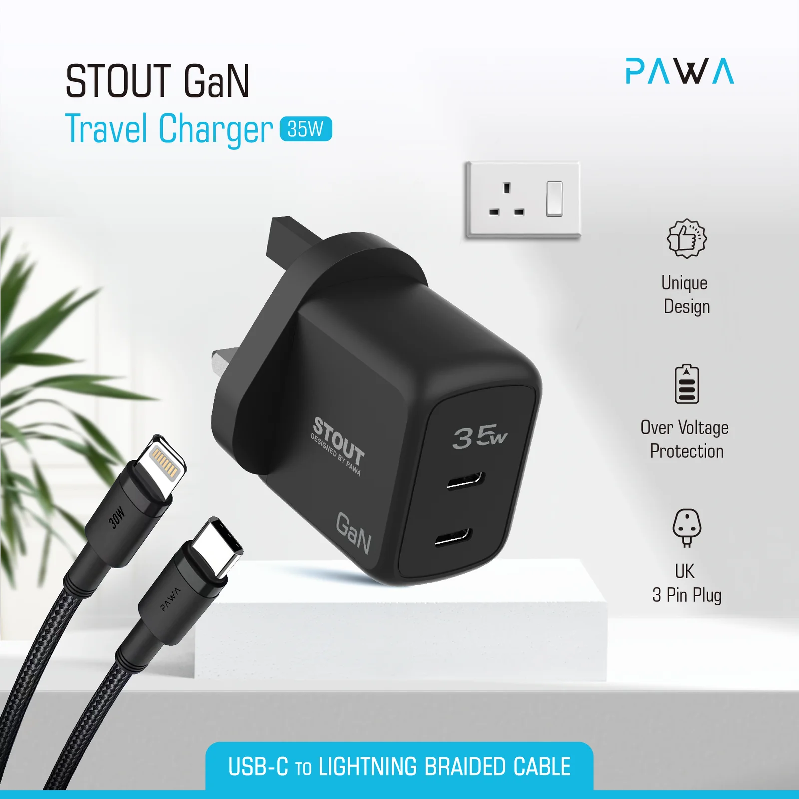 PAWA STOUT GAN TRAVEL CHARGER WITH DUAL PD PORT 35W UK STANDARD BLACK PW-GN35UK-BK thumbnail 3