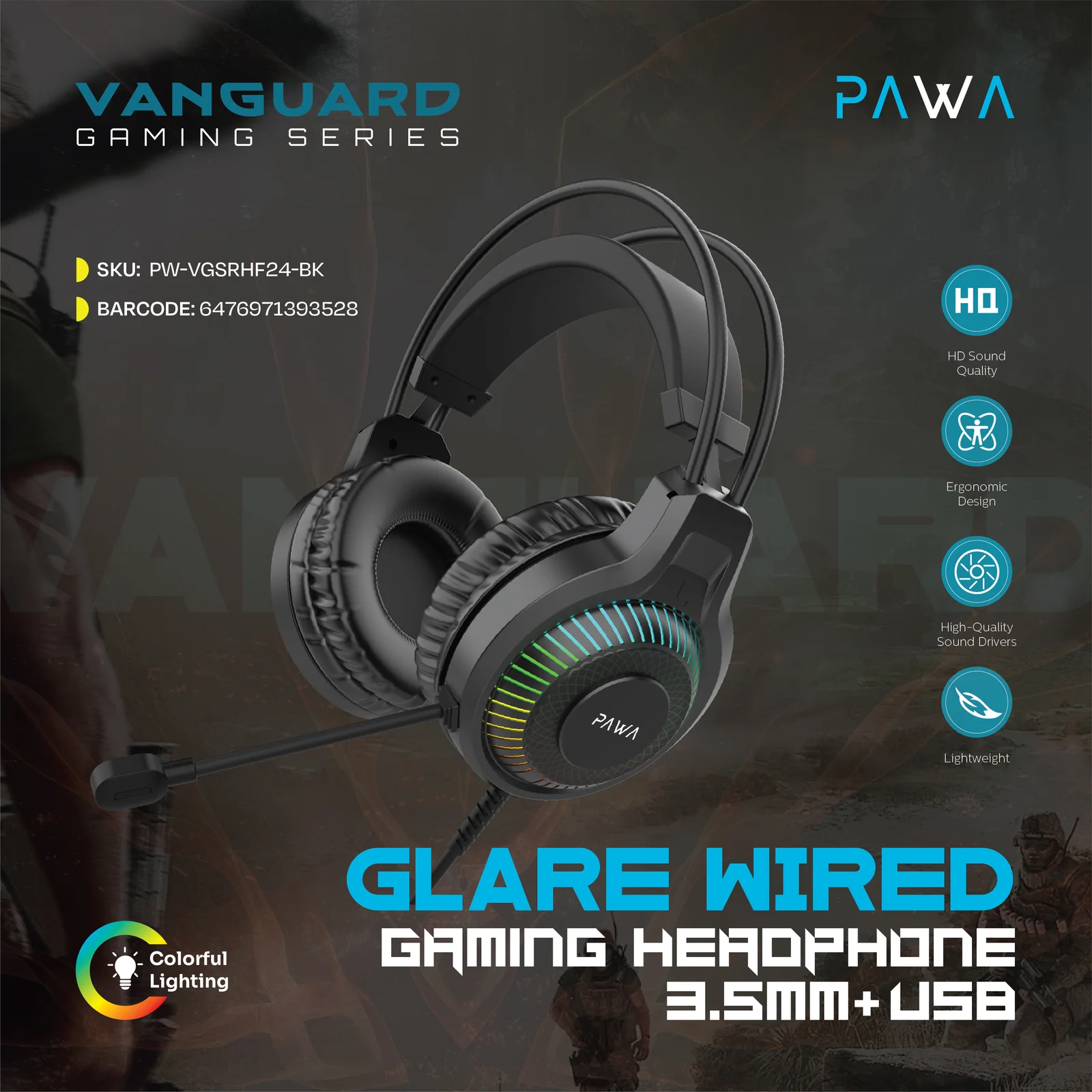 PAWA VANGUARD GAMING SERIES GLARE WIRED GAMING HEADPHONE WITH 3.5MM+USB PLUG BLACK PW-VGSRHF24-BK thumbnail 2