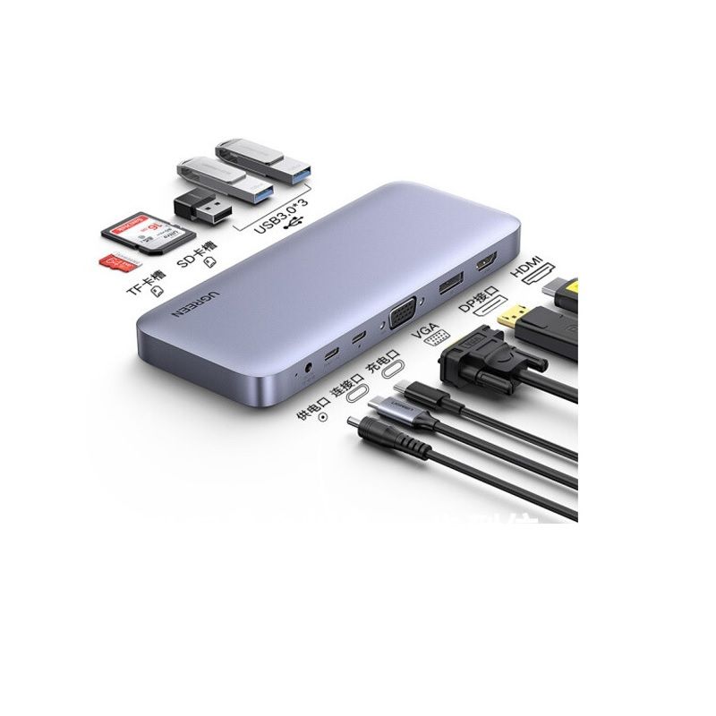 UGREEN TYPE-C TO DP+HDMI+VGA+3 PORTS USB HUB+CARD READER+TYPE-C WITH PD+DC POWERSUPPLY 70305