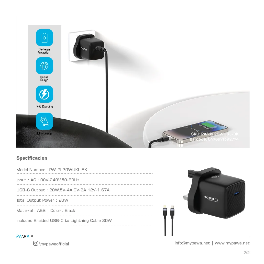PAWA POCKETLITE TRAVEL CHARGER TYPE-C PORT GAN PD20W TYPE C LIGHTING CABLE BLACK PW-PL20WUKL-BK thumbnail 4