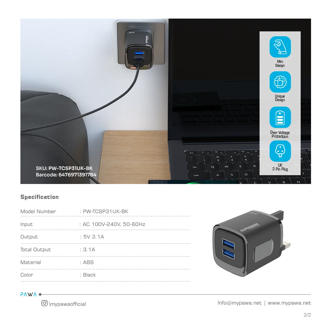 PAWA SUPERMINI TRAVEL CHARGER DUAL USB 3.1A BLACK PW-TCSP31UK-BK thumbnail 3