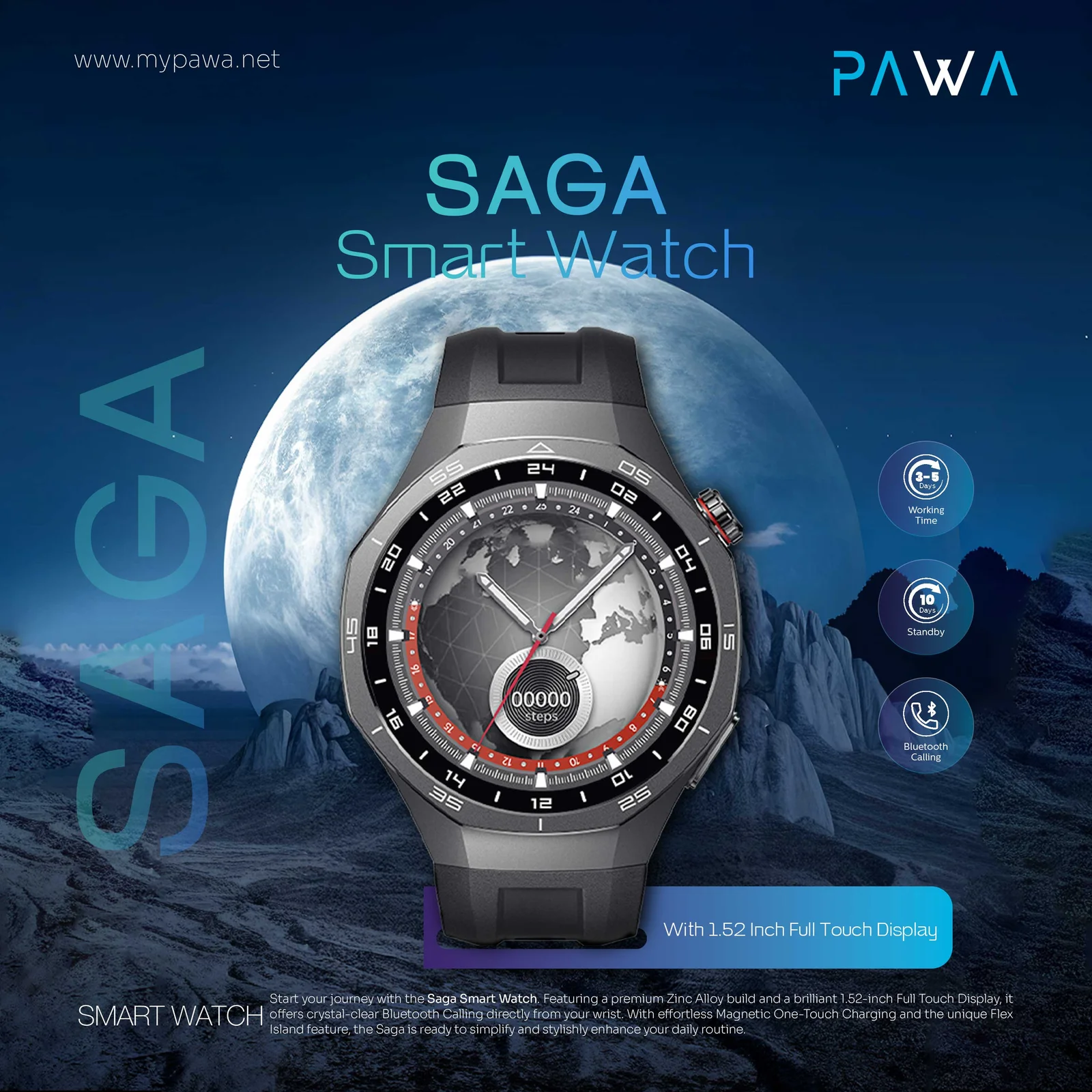 PAWA SAGA SMART WATCH WITH 1.52 INCH FULL TOUCH DISPLAY BLACK PW-STWFTB20-BK thumbnail 3