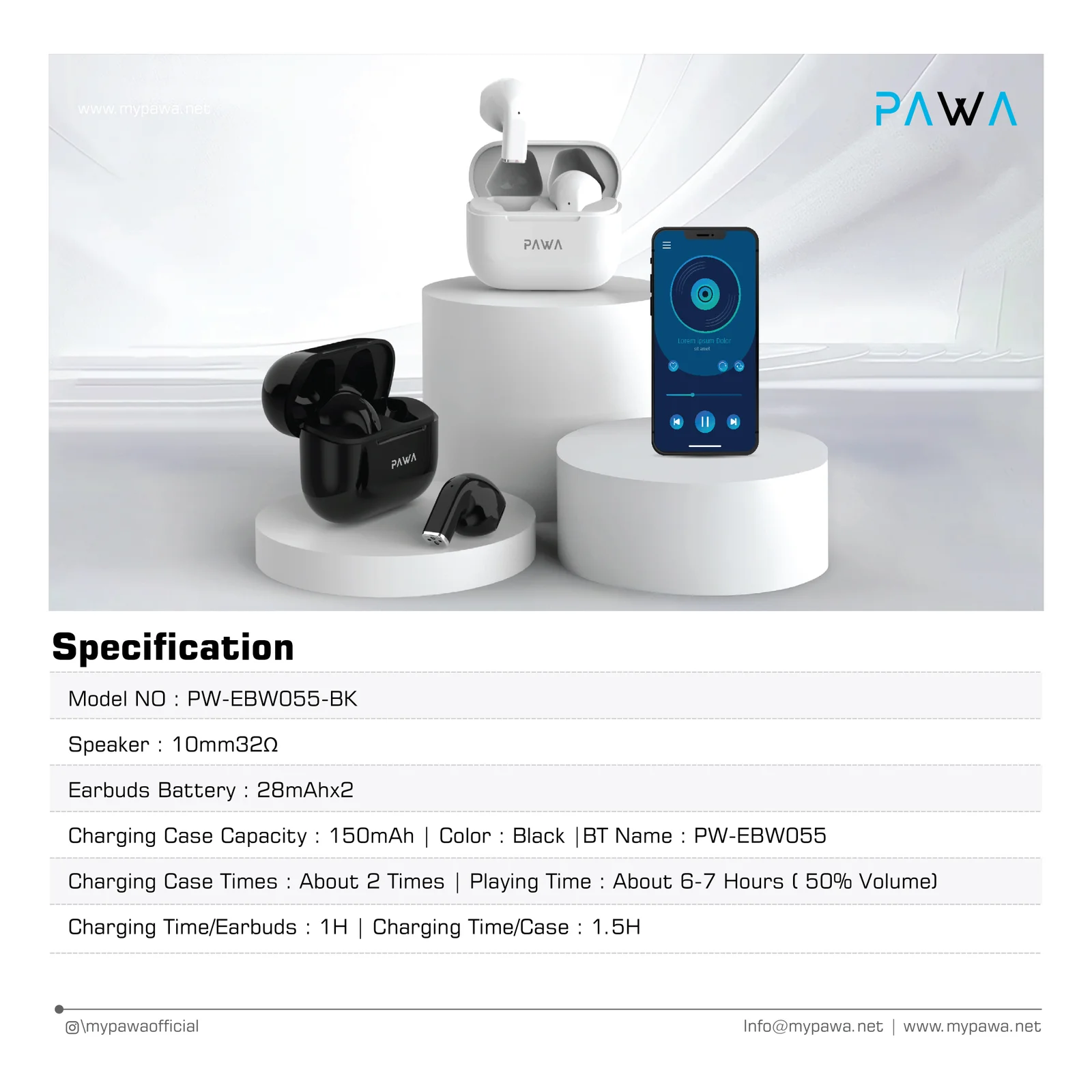 PAWA SPACE LITE WIRELESS EARBUDS BLACK PW-EBW055-BK thumbnail 3