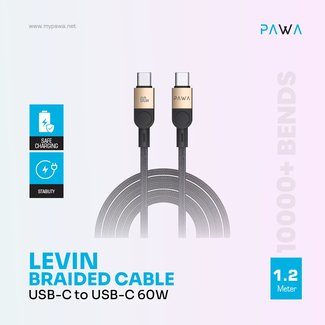 PAWA LEVIN USB C TO USB C BRAIDED CABLE 1.2M 60W DESERT BLACK PW-12BDC253-DTBK thumbnail 3