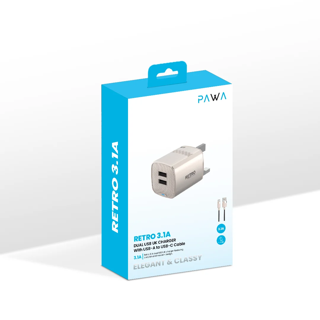 PAWA RETRO 3.1A DUAL USB UK CHARGER WITH USB A  TO USB-C CABLE TITANIUM PW-TCR31UKT-TT thumbnail 5