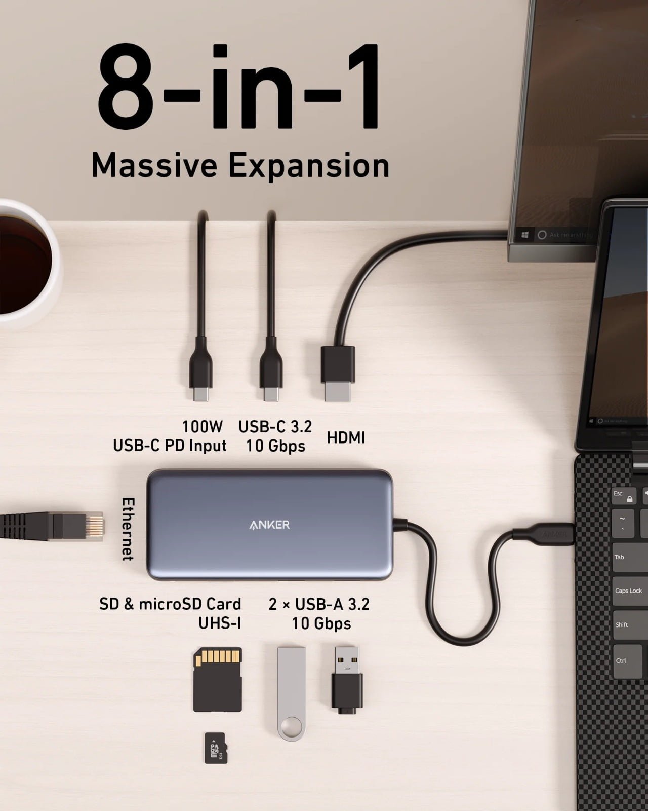 ANKER POWERXPAND 8-IN-1 USB-C PD 10GBPS DATA HUB GRAY