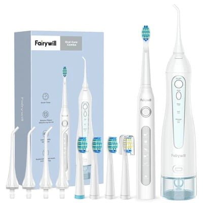 FAIRYWILL SONIC TOOTHBRUSH WITH 4 JET TIP SET + 4 BRUSH HEADS AND WATER FLOSSER WHITE FW5020E +FW507